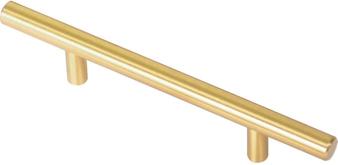 Satin Brass Cabinet Hardware Euro Style Bar Handle Pull - 6-3/4" Length - 96mm ~ 3-3/4" Hole - Brushed Brass Modern Gold