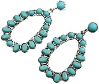 Boho Turquoise Oval Drop Dangle Earrings for Women Beaded Western Flower Teardrop Earrings Vintage Ethnic Alloy Pendant Jewelry Gift