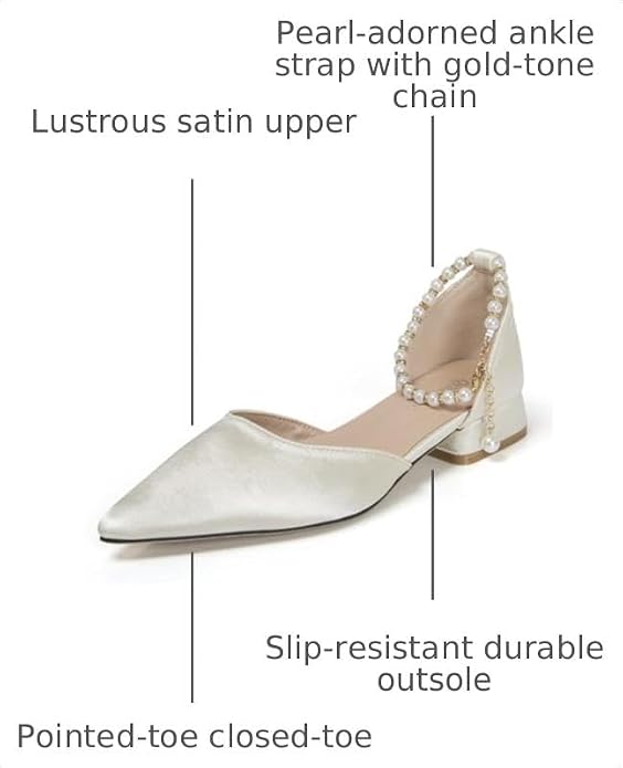 Women's 1 Inch Beige Satin Heels with Pearl Ankle Strap Pointy Closed Toe Low Block Chunky Pumps Comfort White Wedding Dress Sandal Shoes for Bride Guest Party