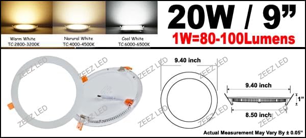 ZEEZ LED Recessed Lighting 9 Inch (OD 9.40" / ID 8.50"), 20W Round Ceiling Down Light Fixture, Non-Dimmable Canless Cool/Cold White Can Lights, Ultra-Thin Panel Wafer Pancake Downlight Retrofit