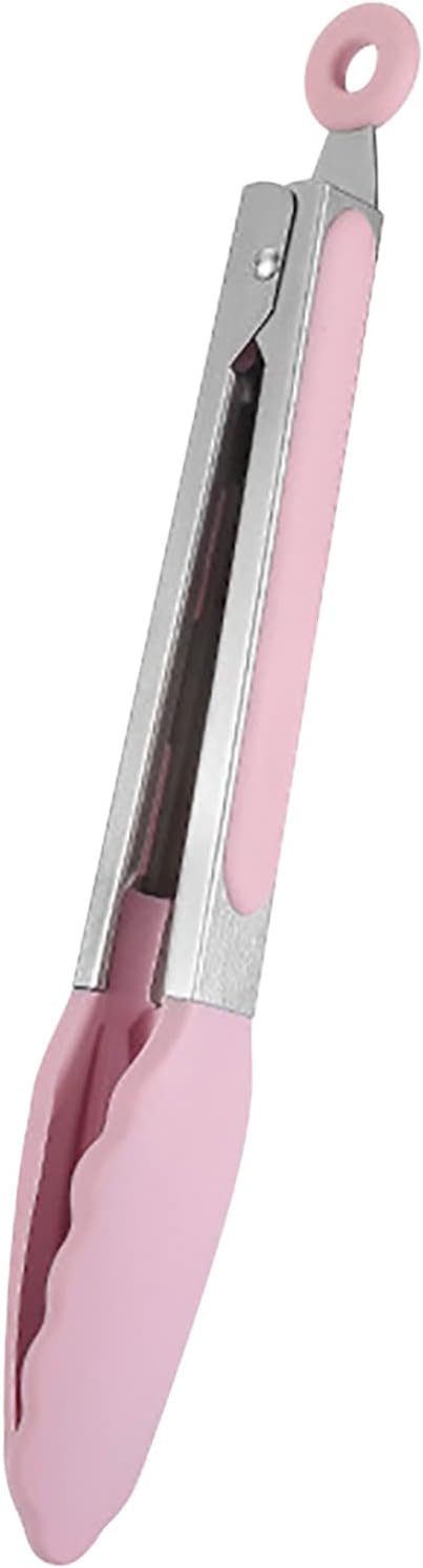 Cooking Tongs Stainless Steel, Kitchen Tongs with Silicone Tips, Food Tongs for Baking and Cooking, 304 Stainless Steel, Heat Resistance Up to 470F, Easy to Store and Clean, Medium, Pink