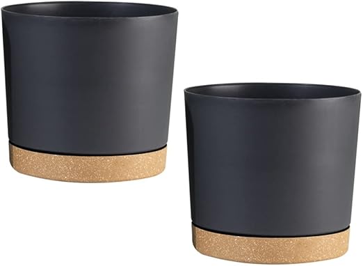 Plant Pots Plastic Flowerpots with Drainage Holes Removable Saucer Decorative Planters 2Pcs Dark Grey 6.5 Inch.Plant Pots Planters for Indoor Outdoor Plants Nursery Pot
