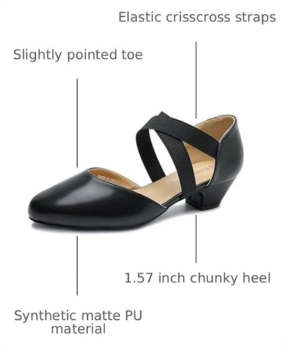Women's Low Block Heel Pumps with Elastic Cross Straps, 1.57 Inch Heel Pull On Dress Dance Shoes