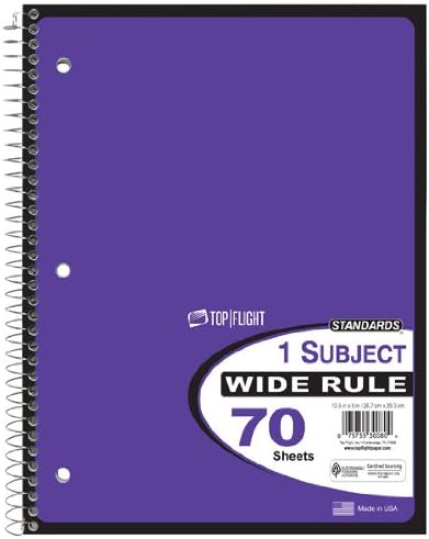 Top Flight Standards 1-Subject Wirebound Notebook, 70 Sheets, Wide Rule, 10.5 x 8 Inches, 1 Notebook, Purple Cover (30080)