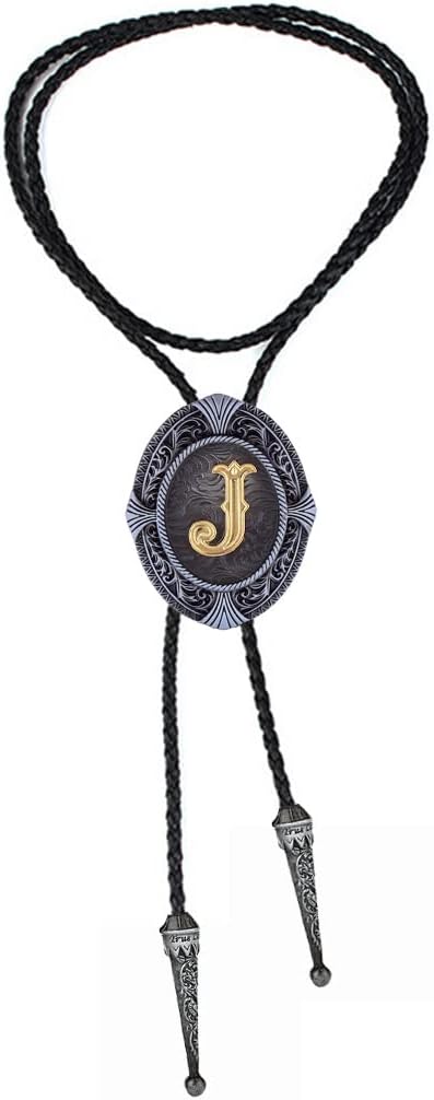 Btilasif Native American Western Cowboy Alphabet Golden Initial Letter A to Z Leather Necktie Bola Tie for Men Women
