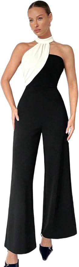 Women's 2024 Casual Long Jumpsuit Sleeveless Colorblock Asymmetrical Halter Jumpsuit