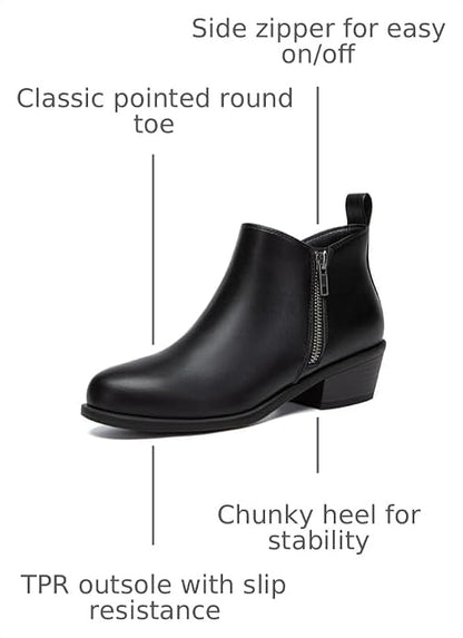 Athlefit Women's Chunky Low Heel Short Ankle Boots with Side Zipper | Comfortable Almond Toe Fall Booties, Suitable for Daily Wear, Casual Outing, Walking, Office Work