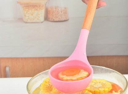Silicone Soup Ladle - with Wooden Handle, Non-Stick Cookware Heat Resistant Kitchen Utensil (Brown)