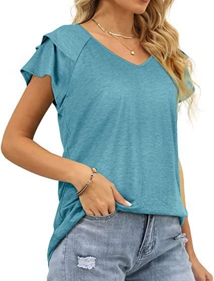 Womens Summer Tops Ruffle Short Sleeve V Neck Casual Tshirts Flounce Sleeve Tees