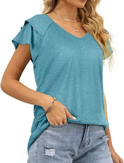 Womens Summer Tops Ruffle Short Sleeve V Neck Casual Tshirts Flounce Sleeve Tees