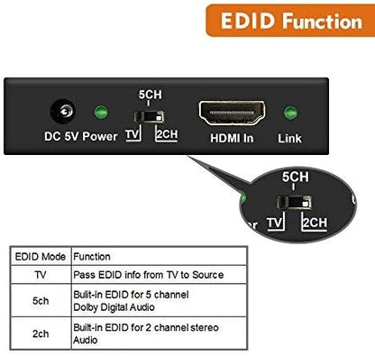 J-Tech Digital 4K 60Hz HDMI Audio Extractor Converter SPDIF  3.5MM Output Supports HDMI 2.0, HDCP 2.2, 1080P120Hz, 1080P144Hz, Dolby DigitalDTS Passthrough CEC, HDR10 JTD18G-H5CH