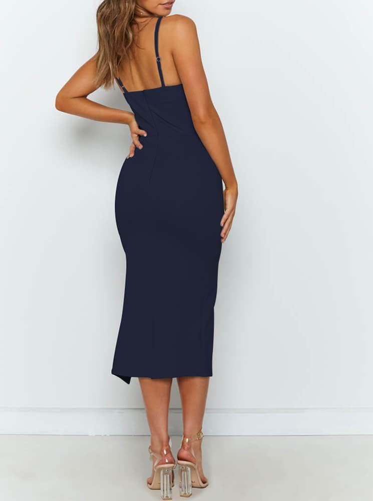 This navy blue midi dress features a flattering spaghetti strap design, side slit, and soft, breathable fabric - perfect for any special occasion.