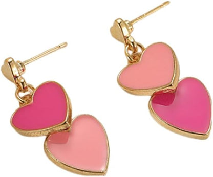 Dainty Heart Earrings for Women Multicolor Enamel Double Heart Earrings Crystal Heart Lovely Earrings Valentines Day Earrings for Gifts