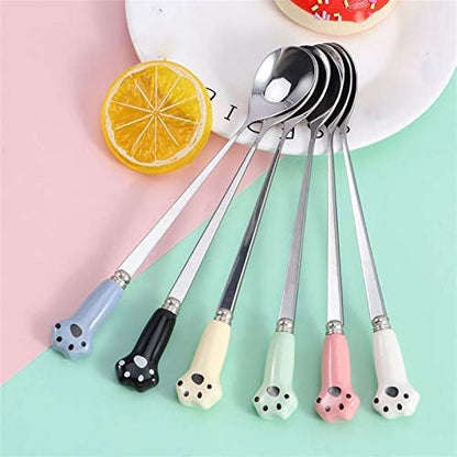 FLYUFO Kitchen Spoons Stainless Steel Coffee Spoon With Ceramic Cat's Claw Handle Is Suitable For Drinking Coffee. Stirring Spoon BlackBlueGreenRedWhiteYellow Size: 2.5  17.5cm (Color : E)