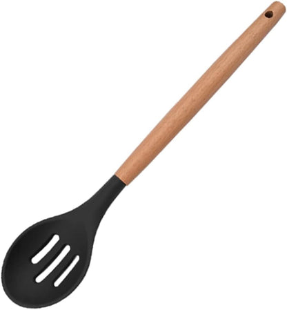 1pcs Black Silicone Slotted Spoon with Wooden Handle, Heat-Resistant Cooking Utensils Spoon for Serving Stirring Scooping and Mixing Filtering Food.