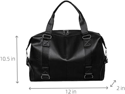Travel Bag for Men PU Leather Shoulder Bag Stylish Handbag Gym Bag with Adjustable Shoulder Strap (Black)