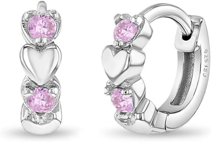 925 Sterling Silver Shining Cubic Zirconia Heart Huggie Hoop Earrings for Toddlers  Little Girls - Beautiful Heart Themed Jewelry Gift - Fashionable Earrings