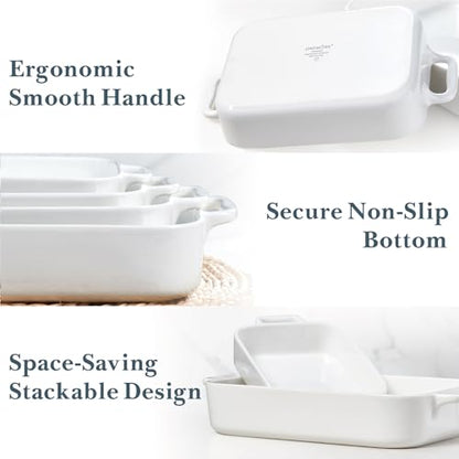 ONEMORE Casserole Dishes for Oven Baking Dishes SET OF 3,Ceramic Bakeware Sets with Handles for Cooking White , Microwave & Dishwasher Safe(7.5/11.2"/15.4") NOT A SET OF 4"