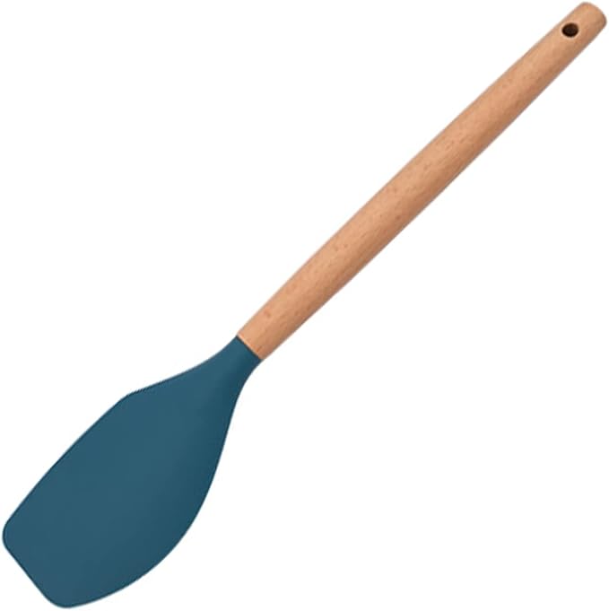 1pc Blue Silicone Spoon Flexible Spatula Set with Wooden Handle, Heat Resistant Rubber Scraper, Non-stick Ideal Cookware for Cooking, Baking and Mixing.