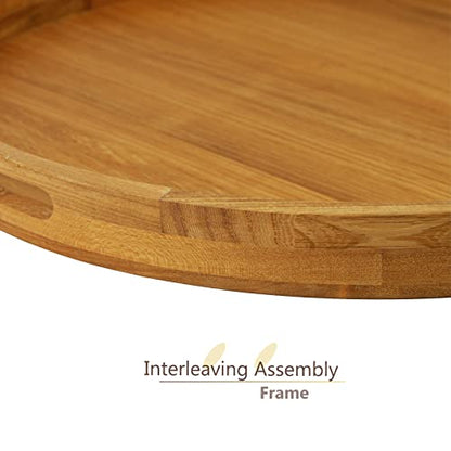 18 Inches Extra Large Round Teak Wood Ottoman Tray with Handles, Serve Tea, Coffee Classic Wooden Decorative Serving Tray