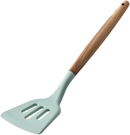 Non-stick Kitchen Cooking Utensil Set Food Tong Egg Whisk Wooden Handle - Light Green, Colander Spooncoding1583 (Color : Light Green, Size : Slotted Turner)