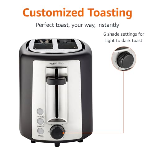 Basics 2 Slice Toaster, Extra Wide Slots for Bagels, 6 Browning Settings, Removable Crumb Tray, Defrost/Cancel/Bagel Buttons, Cord Wrap, 900W, Black & Silver