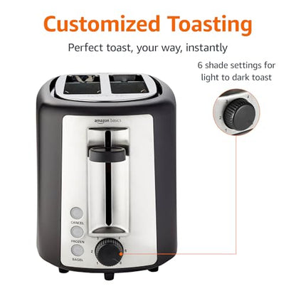 Basics 2 Slice Toaster, Extra Wide Slots for Bagels, 6 Browning Settings, Removable Crumb Tray, Defrost/Cancel/Bagel Buttons, Cord Wrap, 900W, Black & Silver