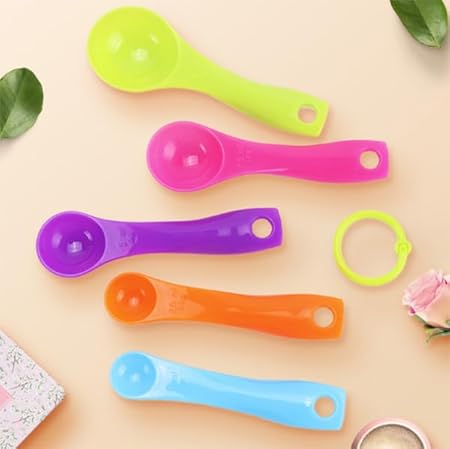 AKOAK Plastic Measuring Spoon Set, Stackable Plastic Measuring Spoon for Measuring Dry and Liquid Ingredients, Cooking and Baking, Mixing Color, Set of 5