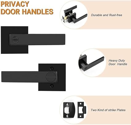 Probrico 2 Pack Square Privacy Door Levers Matte Black Bed Bath Door Handles, Keyless Interior Door Lockset Heavy Duty Leversets for Left or Right Handed Doors