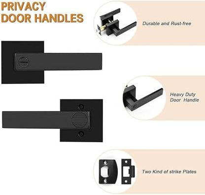 Probrico 2 Pack Square Privacy Door Levers Matte Black Bed Bath Door Handles, Keyless Interior Door Lockset Heavy Duty Leversets for Left or Right Handed Doors