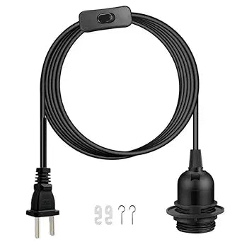 Plug in Hanging Light Cord Kit - 16Ft Pendant Light Plug in Lamp Kit, E26/E27 Bulb Socket Lantern Extension Cord with On/Off Switch, Socket Rings, Black