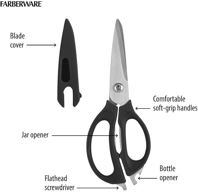 Farberware 4 in 1 Multipurpose Stainless Steel Kitchen Scissors with Blade Cover, Black