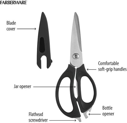 Farberware 4 in 1 Multipurpose Stainless Steel Kitchen Scissors with Blade Cover, Black