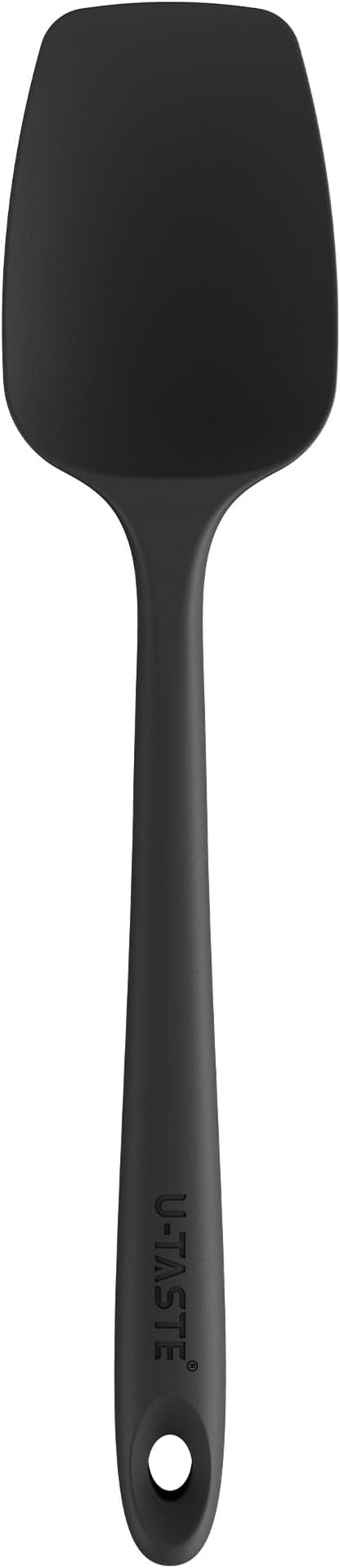 U-Taste Silicone Cooking Spoon Spatula: 480oF Heat Resistant Food Grade 11.38" Flexible Rubber Kitchen Spoonula, Seamless Pastry Bowl Scraper for Mixing Stirring Scraping in Nonstick Cookware (Black)