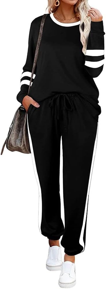 2 Piece Sets for Women Color Block Sweatshirts and Drawstring Waist Sweatpants Baggy Jogger Suits Casual Tracksuits