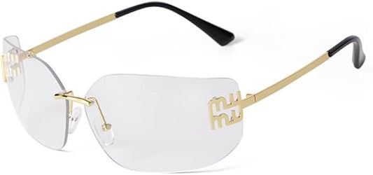 Rectangle Curved Rimless Sunglasses Women Men Metal Rivets Gradient Gray Lens Shades Sun Glasses UV400