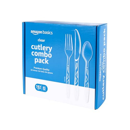 Basics Disposable Clear Assorted Cutlery Set, Premium Quality, 192 Count, Large Combo Pack Forks, Spoon and Knives (box slightly damaged)
