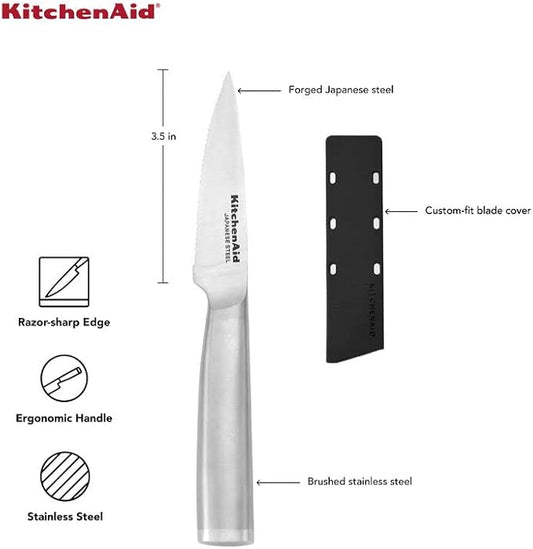 KitchenAid Gourmet Forged Stainless Steel Paring Knife with Custom-Fit Blade Cover, 3.5-inch, Sharp Kitchen Knife, High-Carbon Japanese Stainless Steel Blade, Brushed Stainless Steel Handle