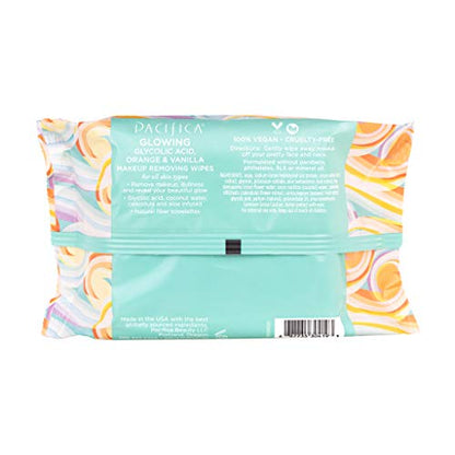 Pacifica Makeup Remover Face Wipes - Daily Facial Cleansing & Exfoliating Towelettes - Biodegradable - Organic - w/Gycolic Acid - Clean Beauty Vegan & Cruelty-Free Dermatologist Tested (Pack of 2)
