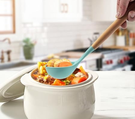Silicone Soup Ladle - with Wooden Handle, Non-Stick Cookware Heat Resistant Kitchen Utensil (Red)