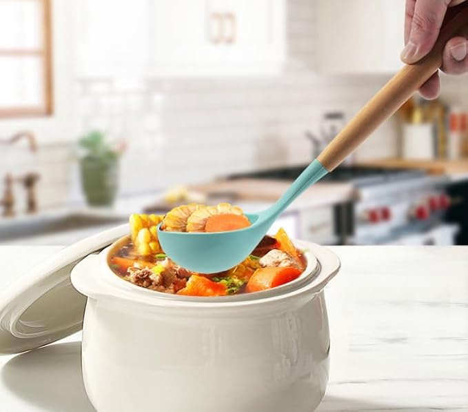 Silicone Soup Ladle - with Wooden Handle, Non-Stick Cookware Heat Resistant Kitchen Utensil (Brown)