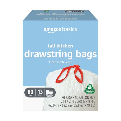 Basics 13 Gallon Tall Kitchen Drawstring Trash Bags, Clean Fresh Scent, 10% Post Consumer Recycled Material, 80 Count