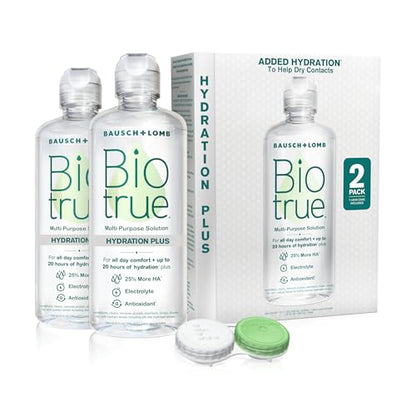 Biotrue Hydration Plus Contact Lens Solution with Lens Case, Multi-Purpose Solution for Soft Lenses, Hydrates with Hyaluronan, Cleans, Clears, and Disinfects for All-Day Comfort, 10 Fl Oz (Pack of 2)