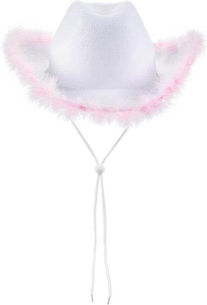 Women Men Western Cowboy Hat Furry Sequin Light Up Stars Tassels Cowboy Party Hat Classic Western Cowboy Cap
