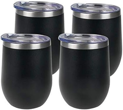 Wine Tumbler - 4 Pack 12 oz Stainless Steel Tumbler with Lid,Stemless Double Wall Vacuum Insulated Travel Cup for Wine,Coffee,Cocktails(Black)