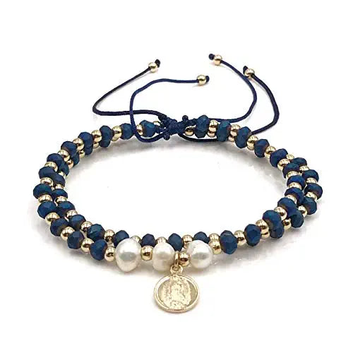 Dainty Pearls Our Lady of Guadalupe Medal Adjustable Set of 2 Bracelets For Women (Blue)