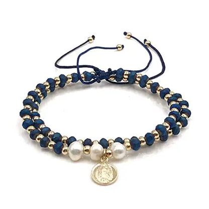 Dainty Pearls Our Lady of Guadalupe Medal Adjustable Set of 2 Bracelets For Women (Blue)