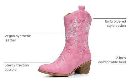 Women's Mid Calf The Western Cowgirl Boots Fashion Cowboy Boots For Women Chunky Low Heel