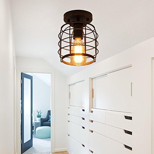 Create For Life Industrial Vintage Flush Mount Ceiling Light,Rustic Metal Cage Semi Flush Mount Ceiling Lamp Fixture for Hallway Stairway Kitchen Garage, E26, Black Finish,2 Pack