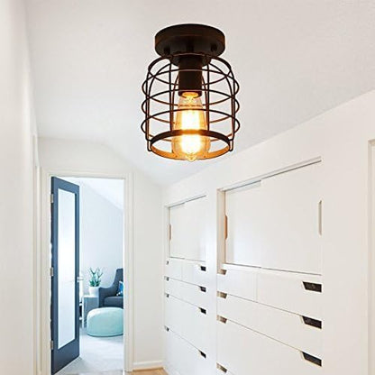 Create For Life Industrial Vintage Flush Mount Ceiling Light,Rustic Metal Cage Semi Flush Mount Ceiling Lamp Fixture for Hallway Stairway Kitchen Garage, E26, Black Finish,2 Pack